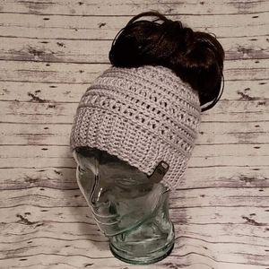 Katniss Messybun ponytail beanie hat crochet lady